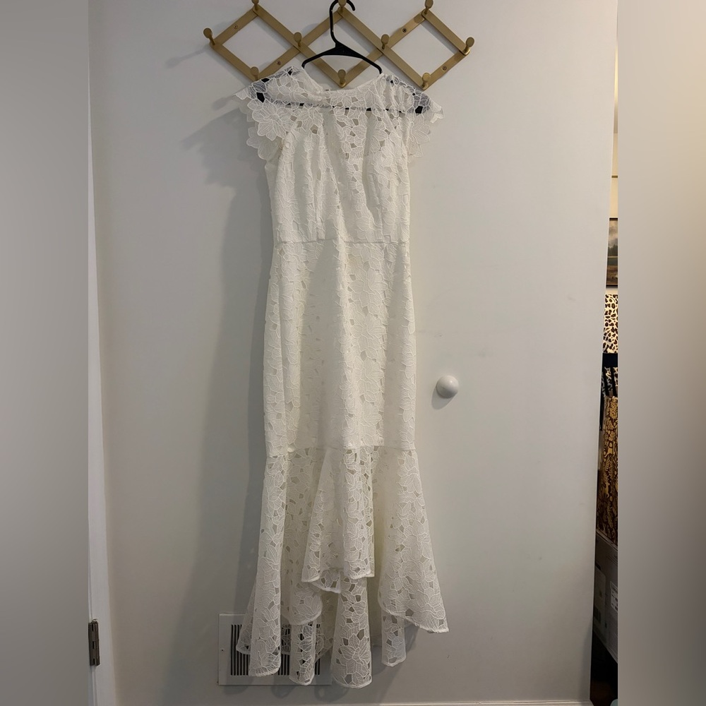 Shoshanna Womens High- Low Cap Sleeve All- Over Lace Dress